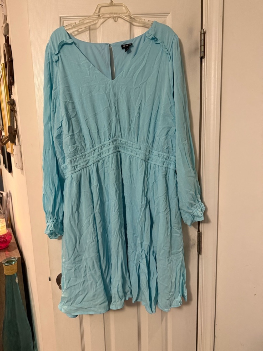 torrid Light Blue V-Neck Long Sleeve Smocked Waist Dress with Pockets